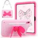 VOFUOE for iPad A16 Case 11th Generation 2025 11 Inch, for iPad 10th Generation Case 2022 10.9 Inch for Kids Girls with Sweet Bow Stand Shoulder Strap Pencil Holder Hard Cover-Pink &Hot Pink Bow
