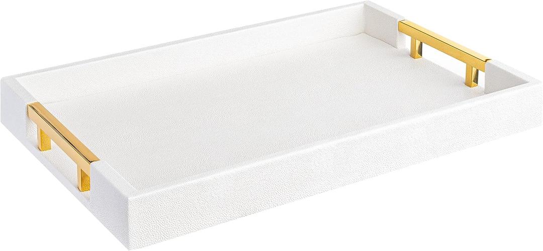Modern Elegant 18"x12" Rectangle Glossy Faux Leather Shagreen White Decorative Serving Tray with Gold Polished Metal Handles for Ottoman Coffee Table Perfume (White/Gold)