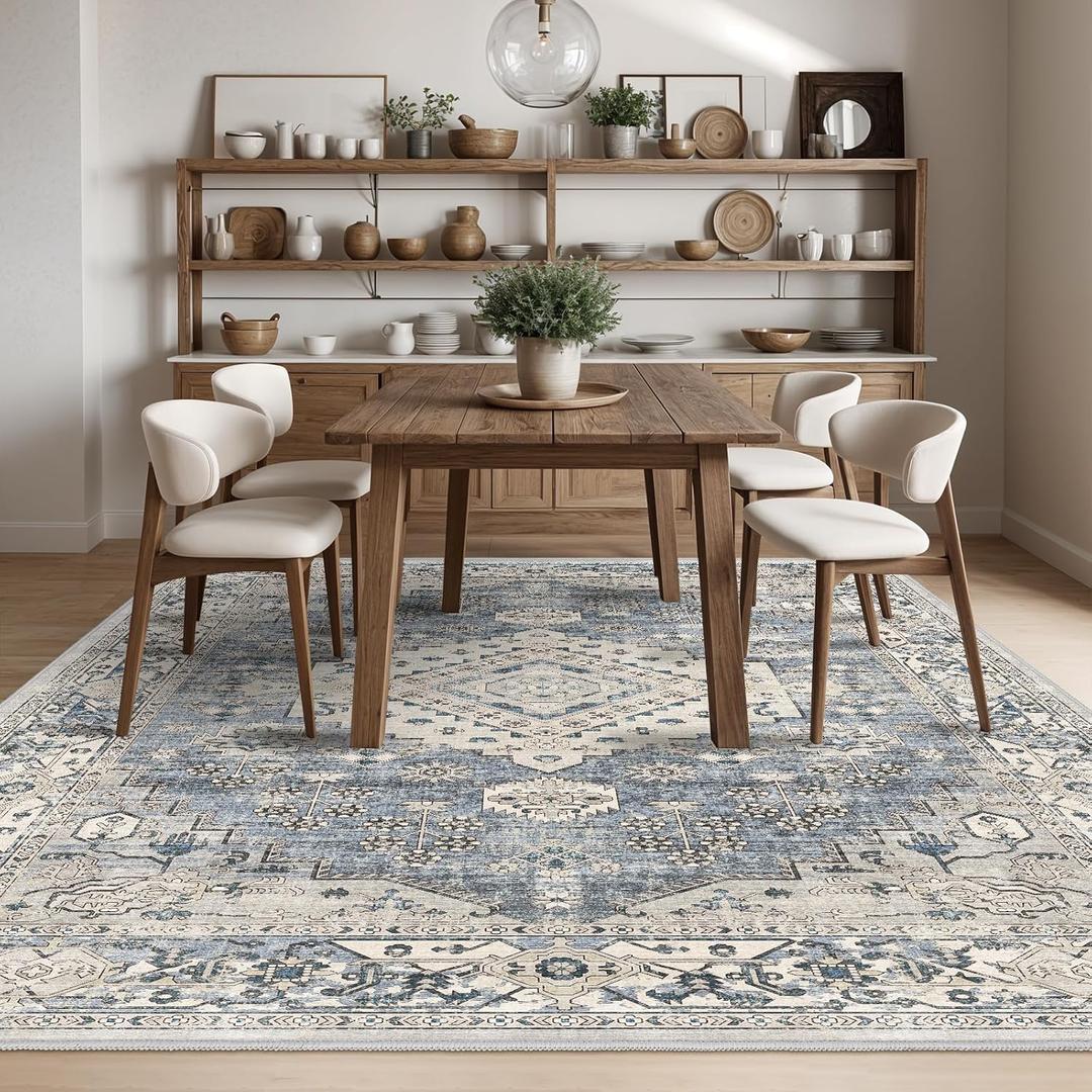 9x12 Washable Distressed Area Rugs -Living Room Bedroom Kitchen Apartment Distressed Muted Rug Non-Slip Thin Ultra Soft Low Pile Laundry Carpets, Blue/Beige (9' x 12', Blue/Beige)