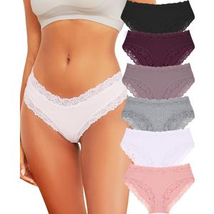 FINETOO Womens Underwear Cotton Bikini Underwear for Women Lace Wasit Hipster Panties Soft Breathable Briefs 6 Pack (Medium, A 6 Pack (Black*1 White*1 Pink*1 Purple*1 Grey*1 Khaki*1))