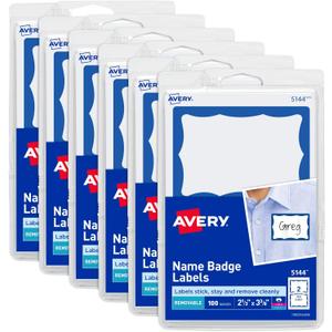 Avery Customizable Name Tags, 2-1/3" x 3-3/8", White with Blue Border, 6 Packs of 100, 600 Removable Name Badges Total (44144)