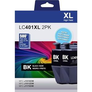LC401XL Black Ink Cartridge 2-Pack, High Yield LC401 Black Ink Replacement Compatible with Brother MFC-J1010DW, MFC-J1012DW, MFC-J1170DW Printers