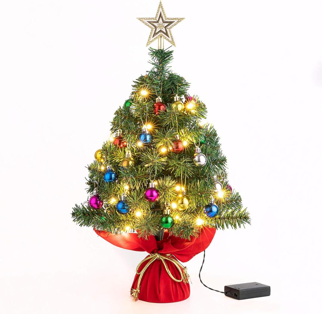 Sunnyglade 22Inch Tabletop Christmas Tree Mini Artificial Christmas Tree with 30 LED Lights & 24 Pcs Xmas Ball for Table Top Desk Classic Series Holiday Decoration (Green)
