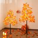 Lighted Maple Leaf Tree, 2 Pack Prelit Orange Artificial Fall Trees (5FT and 6FT) for Indoor Outdoor Decor Garden Wedding Party Bedroom Thanksgiving Decoration