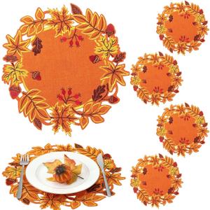 Yingzhao 6 Pcs Fall Placemat Thanksgiving Autumn Harvest Placemats Embroidered Maple Leaves Double Layer Table Mats Cutwork for Home Kitchen Dining Table Holiday Party Decoration