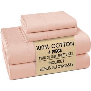 Casa Platino 100% Cotton Twin XL Size Sheets Set 4 Piece Crisp Percale Twin XL Size Cooling Sheets, Lightweight for Summer, with 15" Deep Pocket Fitted Sheet, Comfortable & Airy Sleep Veiled Rose
