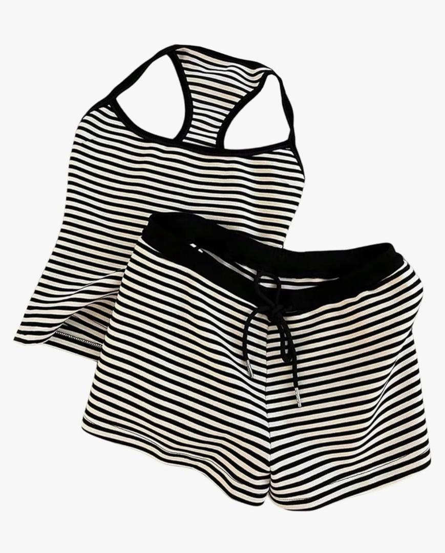 MakeMeChic Women's Summer 2 Piece Sets Striped Tank Tops Shorts Set, M