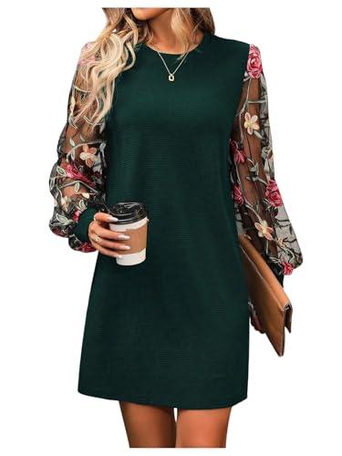 MakeMeChic Women's Summer Long Sleeve Floral Sheer Dress Wedding Guest Mesh Crew Neck Lace Black Mini Dresses Dark Green