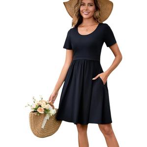 QINYI Women's Nursing Dresses Breastfeeding Summer Comfortable Cotton Short Sleeve Breastfeeding Dress with Pockets (US, Alpha, Small, Regular, Regular, Black)
