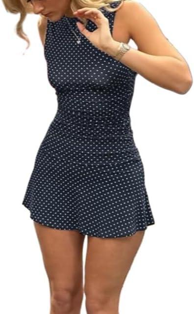 Polka Dot Mini Dress for Women Sleeveless Round Neck Bodycon Flared Hem Casual Summer Outfit 2025 (Small, Navy Blue)
