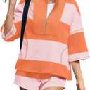 Fisoew Womens 2 Piece Outfits Summer Striped Sweatshirt Workout Shorts Sets Matching Lounge Set Tracksuits, Size Large