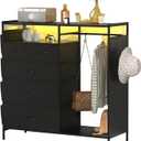 5-Drawer Wardrobe Dresser for Bedroom with Clothes Rack & Side Pockets, Wood Top Organizer with Charging Station & LED Lights, Sturdy Steel Frame  Ideal for Nursery, Closet, Hallway Storage (Black)