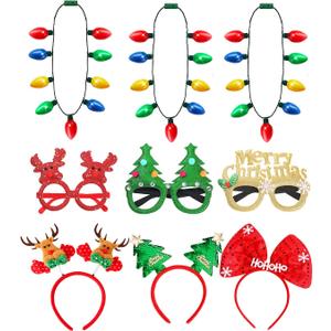 Christmas Light Up Necklace Headband Glasses Set, Christmas Party Favors, LED Bulb Necklace Headwear Eyeglasses Accessories