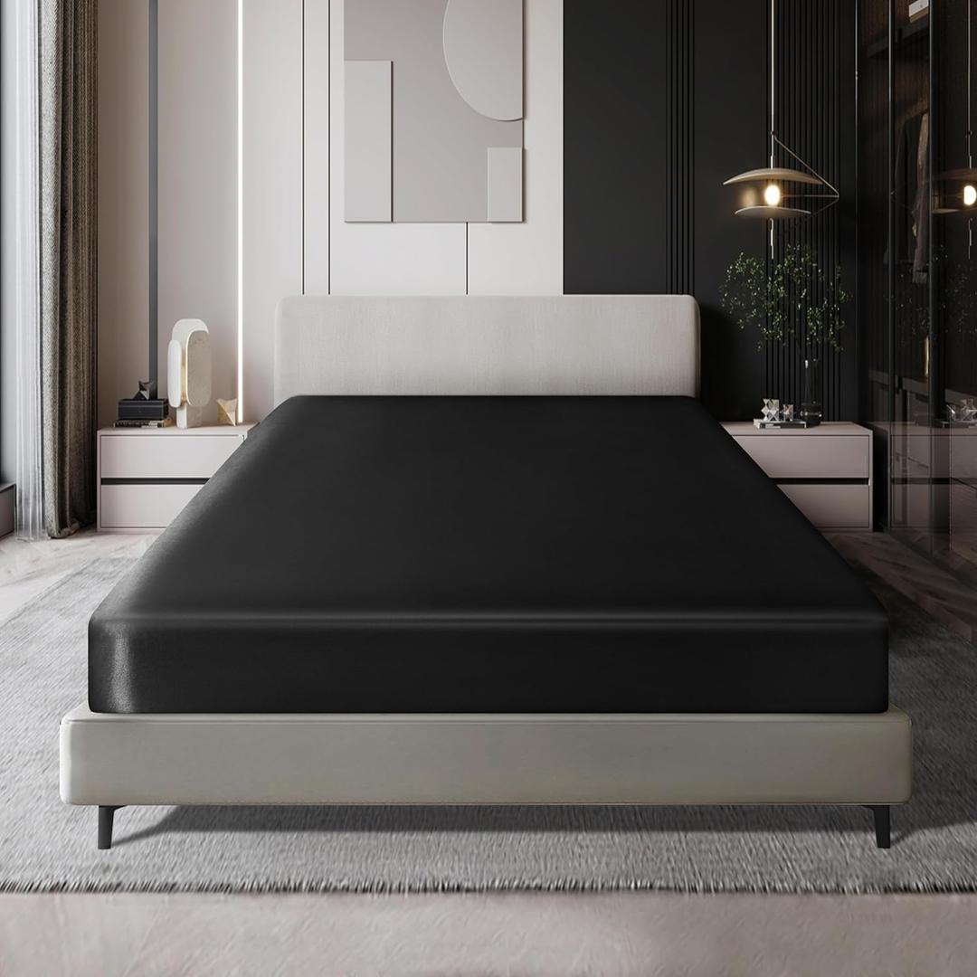 MILVOWOC Satin Fitted Sheet Twin XL, Black Single, Luxury Deep Pocket Bottom Bed Sheet, Soft Silky Bedding