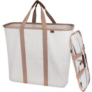 CleverMade Collapsible Laundry Caddy -LUXE Cream Herringbone 2Pack 64L -Foldable Storage Organization Container Clothes Laundry Room Storage Solution