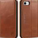 SHIELDON Wallet Case for iPhone SE 2022/2020, Genuine Leather Folio Magnetic Shock Absorbing Case Credit Card Holder Kickstand Compatible with iPhone 8/7 4.7" - Retro Brown