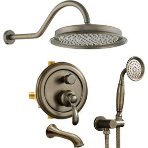 Antique-Brass Shower-system with Tub Spout: 9 inch Rain Faucets Set in Wall, Rainfall Head and Handheld Spray, 3 Way Diverter Brass Valve with Trim Kit