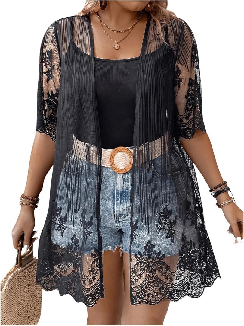 Verdusa Women's Plus Size Sheer Mesh Lightweight Kimono Short Sleeve Beach Swimwear Cover Up (XX-Large, Black)