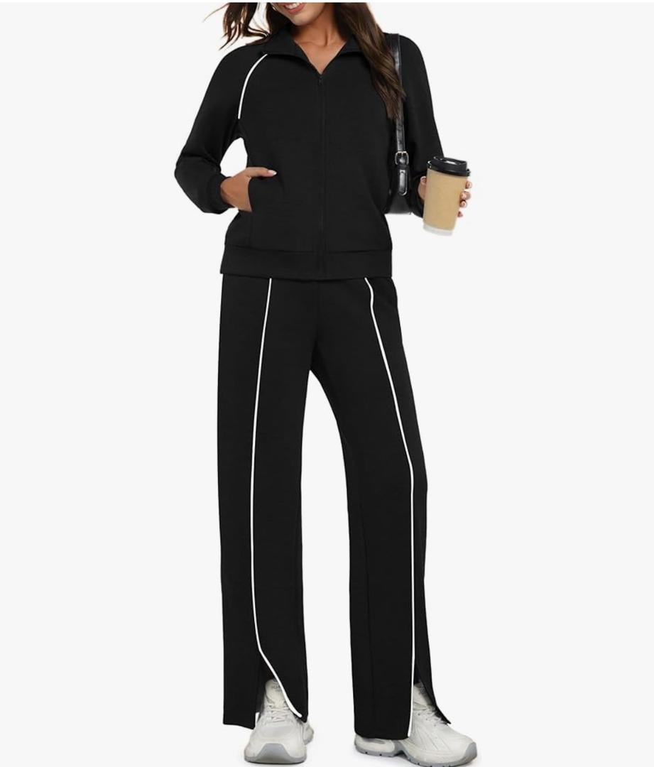 Casly Lamiit Womens 2 Piece Outfits 2025 Fall Casual Zip Up Sweatsuits Lounge Set Travel Wide Leg Pants Striped Tracksuit, Black, XS