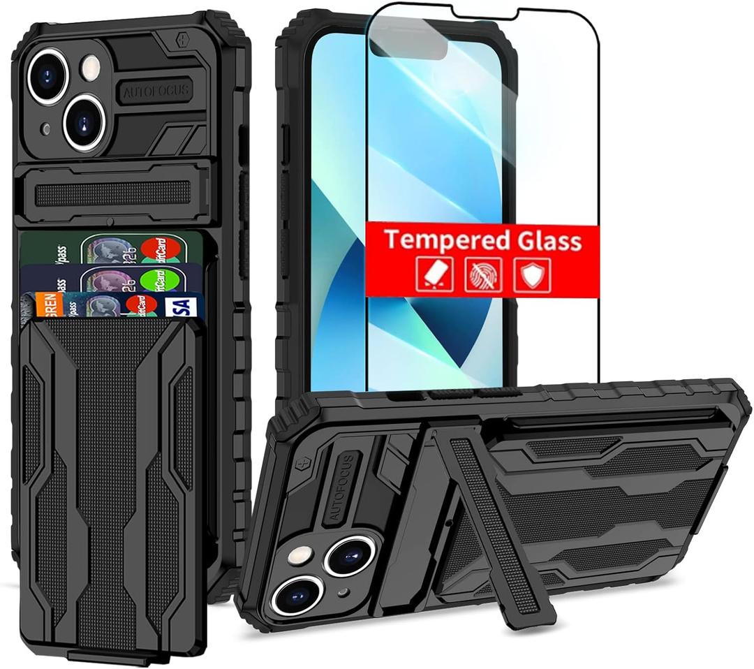 THMEIRA iPhone 14 Case with Card Holder Detachable Wallet Cover, Built-in Kickstand & Screen Protectors, Full Body Shockproof Phone Case for iPhone 14 (6.1 Inch), Black