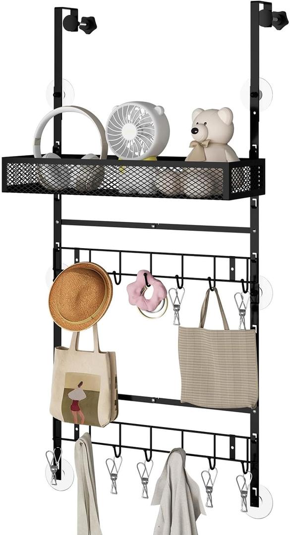 BUKFEN Adjustable Over the Door Hooks Organizer,Multi-Purpose Storage Organizer Over the Door Organizer with Shelf and Hooks,Hanging Door & Wall Mounted Coat Storage Rack for Bedroom,Bathroom,Kitchen