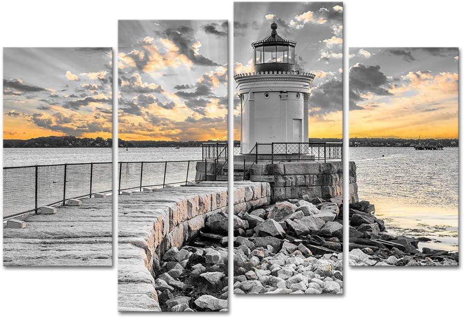 LoveHouse Lighthouse Canvas Wall Art Photo Pictures Prints Black and White Ocean Sunset Beach Artwork for Bedroom Bathroom Decorations