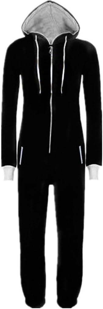 WOTOGOLD Men and Women Adult Pajamas Sportswear Hooded Unisex Jumpsuit (Large, Black With White Zipper)