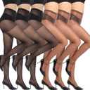 MANZI 6 Pairs 20D Women's Sheer Tights Ultra Thin High Waist Pantyhose Thigh Stockings, Coffee, Black, M