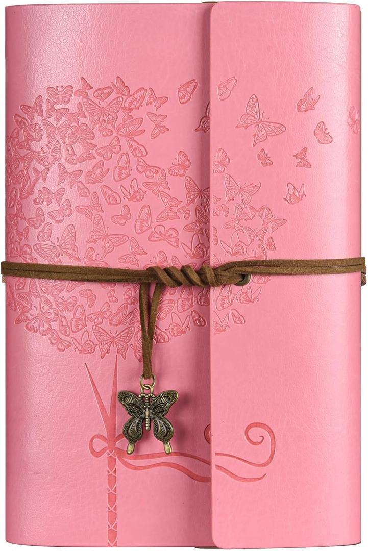 Leather Journal Notebook, Vintage Refillable Journal with 2 PVC Pockets, Travel Journal for Writing, Diary Journal for Women, Men, Girls and Boys, 100GSM Lined Paper, 160 Pages (Pink, A6 7.3"x 5.1")