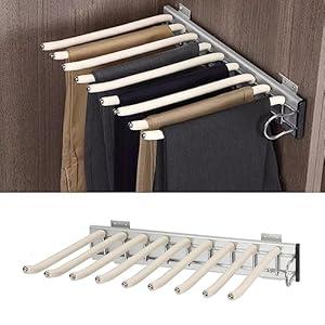 mopam Pull Out Trousers Rack 9 Arms Retractable Closet Pants Hanger Side Mounted Space Saving Trouser Hanger Rack, Right Side Installation, Beige