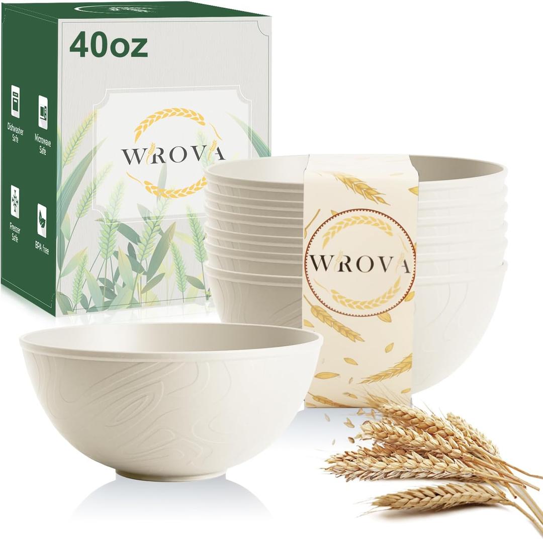 Wrova Beige Wheat Straw Bowls for Cereal and Salad,Alternative Plastic Bowls Set of 6,40oz Unbreakable Soup Bowls suitable for Kitchen,Party,Camping and R.V.