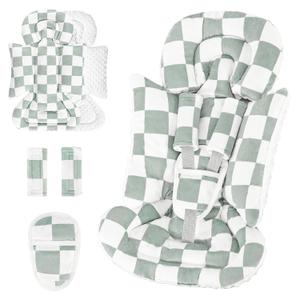 DILIMI Infant Car Seat Insert, Baby Car Seat Head Support with 3 Strap Paddings, Soft Newborn Car Seat Cushion for Stroller, Swing, Bouncers, Green Checkered
