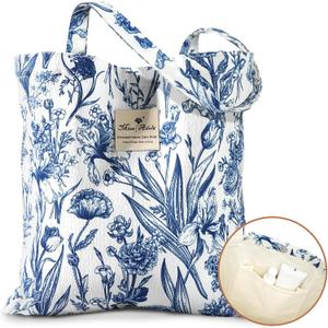 Aesthetic Cotton Tote Bag for Women - Reusable Shoulder Bag with Buckle Fabric Bag for Gym, Travel, Work, White Blue Flowers