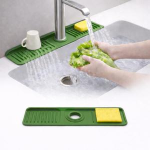 14.5" Green Silicone Faucet Mat for Kitchen Sink  Button Style Faucet Drip Catcher Sink Splash Guard with 6 Slope, Behind Faucet Draining Mat | Leak-Proof Countertop Protector for Kitchen Bathroom