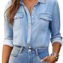 Denim Shirt Women Chambray Jean Western Shirts Long Sleeve Button Down Tops (Medium, Lightblue2943)