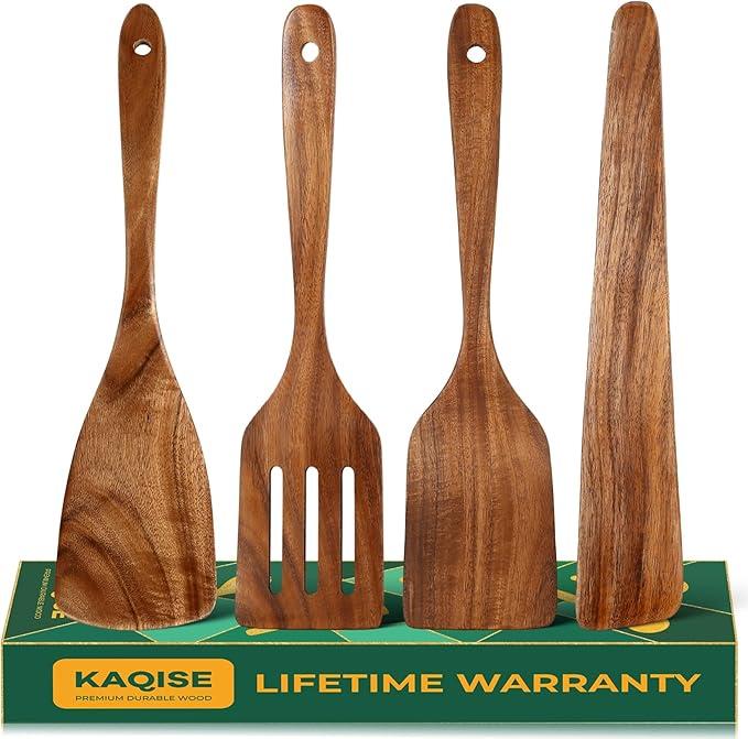 KAQISE 4PCS Wooden Spatulas for Cooking, NonToxic Teak Wood Cooking Utensils  Flat Spatula Turner Slotted Spatula Spurtle Scraper for Frying, HeatResistant Wooden Kitchen Utensils Set for Xmas Gifts