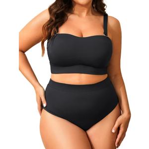Tempt Me Women Plus Size High Waisted Bikini Bandeau Two Piece Swimsuit Black 22 Plus