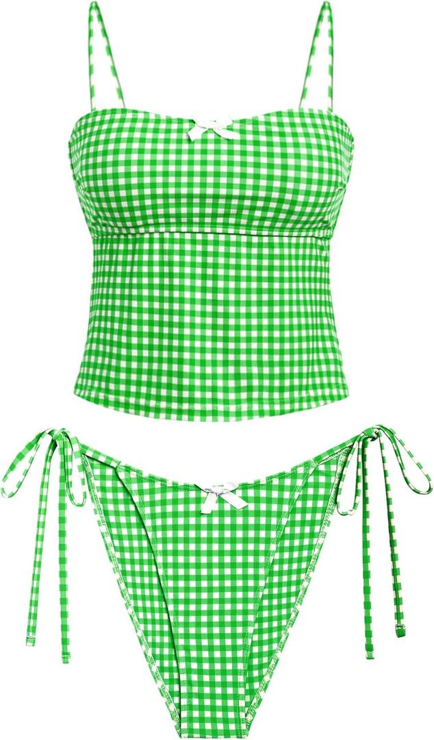 seamoly Women's Tankini Sets Sexy Open Back Two Piece Swimsuit High Cut Side Tie Thong Bathing Suit Floral Gingham Bikini (Large)