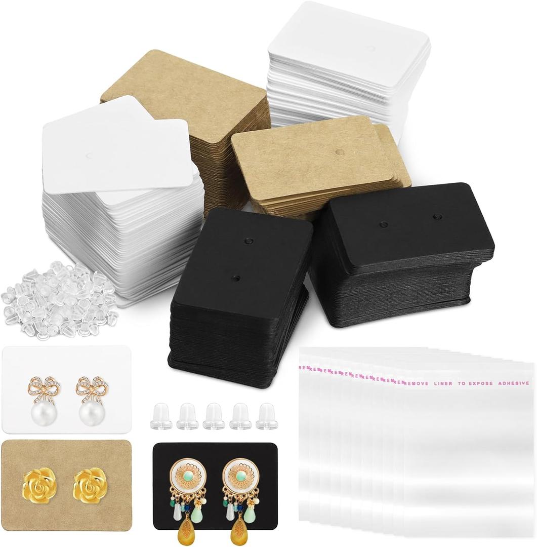 Swpeet 800Pcs Earring Hanging Cards Kit: 300Pcs 3 Styles 1" x 1.4" Earring Holders, 200Pcs Silicone Ear Backs, 300Pcs Clear Self-Adhesive Bags