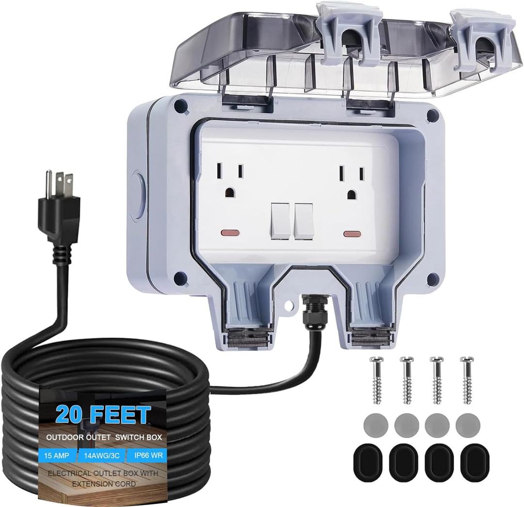 Outdoor Electrical Outlet Box w/ 10ft Extension Cord, NEMA 5-15R Outdoor Power Strip Weatherproof, STW 14 AWG, IP66 Waterproof Wall Power Socket with Cover, 2 Inch Deep, WRTR