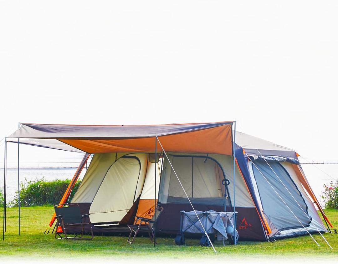 KTT Extra Large Tent 12 Person,Family Cabin Tents,Awning,2 Rooms,4 Doors and 4 Windows with Mesh,Straight Wall,Waterproof,Double Layer,Big Tent for Outdoor,Picnic,Camping,Family Gathering