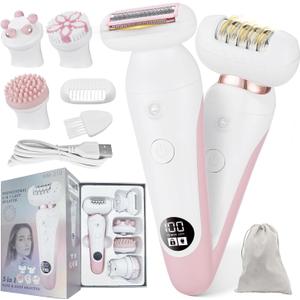 5 in 1 Electric Shaver for Women,Epilators Hair Removal for Women's Body, Electric Razor for Women Legs Public Area Bikini Trimmer, Face Scrubber, Facial Cleaning Brush Dry Wet Gift Set (Pink)