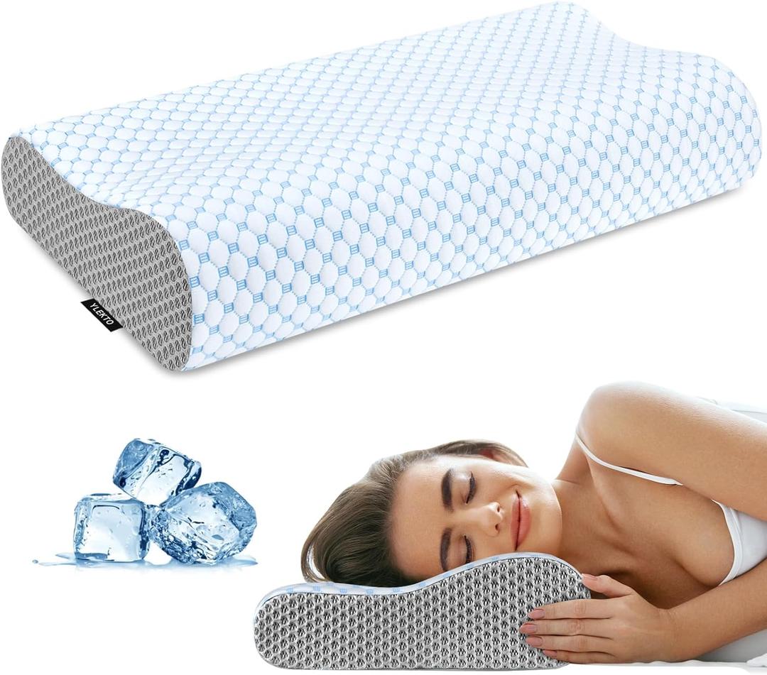 Cervical Neck Pillow for Pain Relief, Contour Memory Foam Pillows for Sleeping, Odorless Ergonomic Pillow Adjustable Orthopedic Cooling Pillow Bed Pillow Neck Support for Side Back Stomach Sleepers (Blue & Grey)