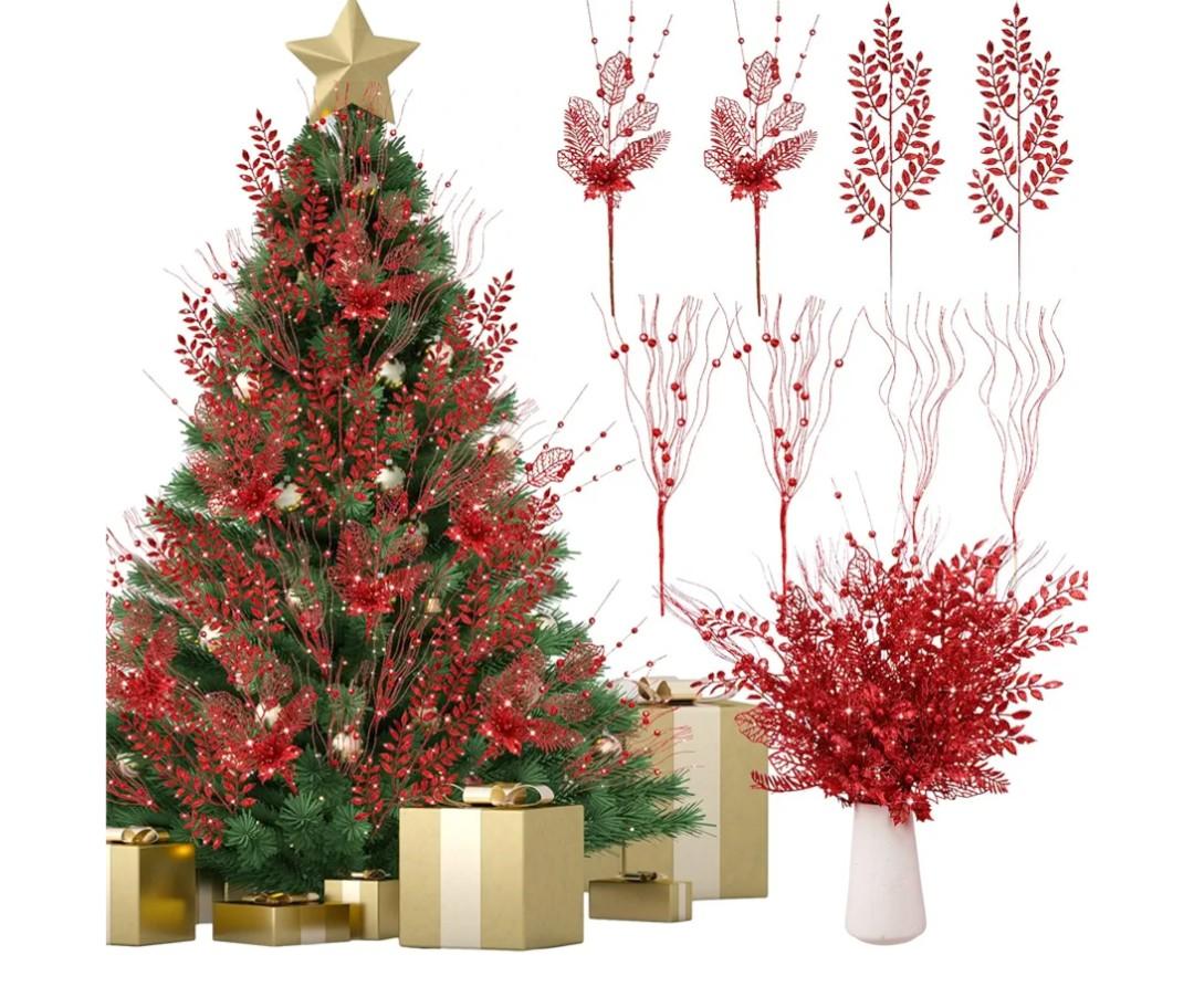 40 Pack Red Christmas Picks and Sprays for Tree 17.5'' Christmas Poinsettia Pick Artificial Glitter Berry Stem Xmas Tree Filler Ornament Branch for DIY Wreath