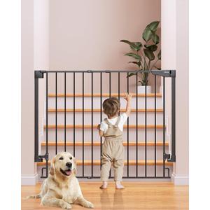 Cumbor 34" Extra Tall No Bottom Bar Baby Gate for Stairs, Hardware Mounted Dog Gate Indoor for Larger Pets, Expandable 29.2-43" Safety Gate for Doorways, Wide Walk Thru Door for Easy Access (Black)