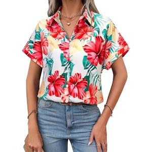 Short Sleeve Button Down Shirts for Women Summer Hawaiian Blouses Cap Sleeve Oversized Work Office Tops Solid/Floral, L