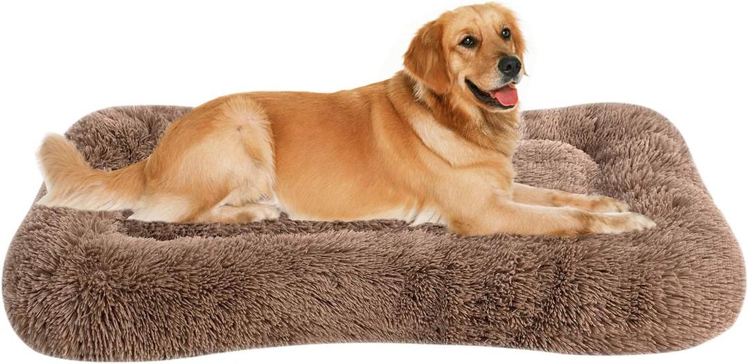 Coohom Deluxe Plush Dog Bed Pet Cushion Crate Mat,Fulffy Comfy Kennel Anti-Slip Washable Pad for Medium Large X-Large Dogs(XX-Large, Khaki)