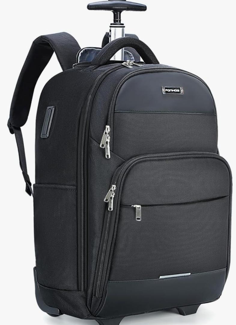 Rolling Backpack, 30L Travel Laptop Backpack with Wheels, 15.6 Inch Roller Carry on Luggage with USB Charging Port, Flight Approved Personal Item Wheeled Suitcase for Men Women Adults, Black