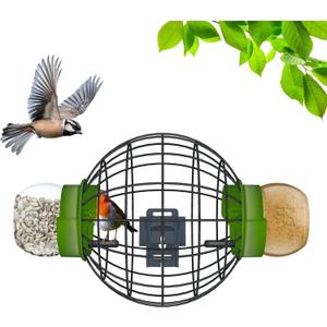 LONA Squirrel Proof Bird Feeding Cage for Outdoors - All-Weather Metal Caged Bird Feeders with Peanut Butter Jar Holder, Chew-Proof Feeding Cage for Small Birds (Round Cage, 2 Feeding Units)