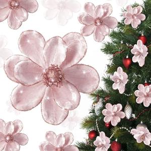 Maysing 20 Pcs Christmas Velvet Poinsettia Flowers Ornaments 6.3Inch Glitter Artificial Magnolia Flower Christmas Tree Ornament with Stem for Xmas Tree Decorations Wedding Decor Supplies(Pink)